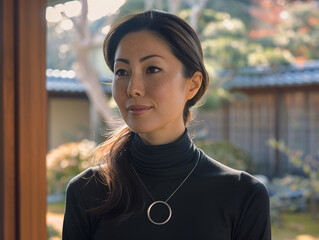 A subtly smiling Japanese woman wearing a sleek futuristic necklace device