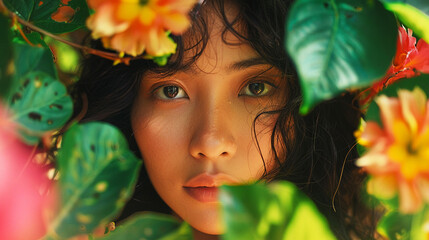 A Thai woman in the midst of a tropical jungle in Thailand colorful exotic flowers framing her