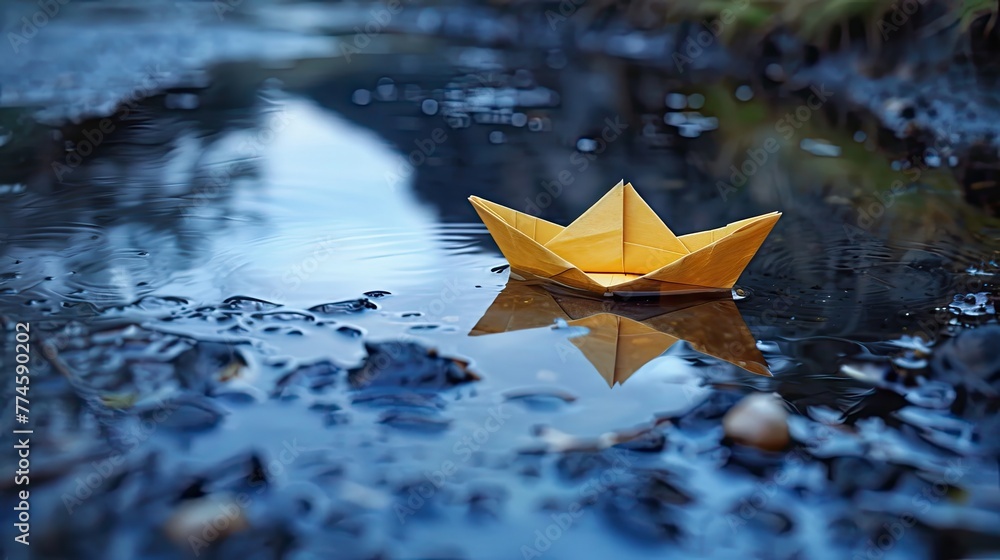 Canvas Prints Paper boat floating in a puddle on a rainy autumn day.