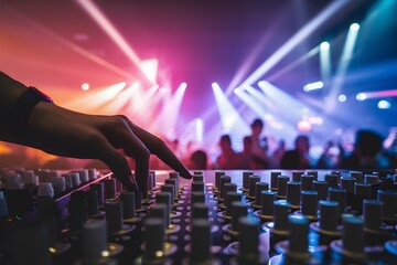 shot Electric mixer sliding knob illuminates nightclub stage, vibrant nightlife - obrazy, fototapety, plakaty