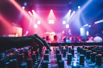 shot Electric mixer sliding knob illuminates nightclub stage, vibrant nightlife - obrazy, fototapety, plakaty