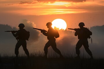 shot Marines in action silhouetted by fiery sunset amidst smoke