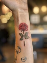 Realistic red rose tattoo with leaves on a person's forearm
