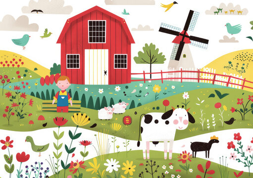 A farm with many animals, including cows and sheep, is depicted in the background of an illustration