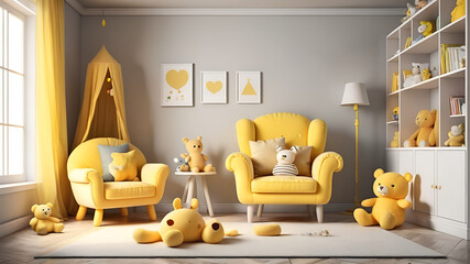 Interior of a babies room with yellow sofa  in a chic grey wall texture baby room 3D rendering
