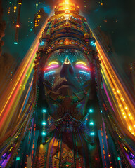 Digital Shaman, Cyber Robes, Virtual guide into the digital realm of the soul, Standing at the crossroads of the real and virtual worlds, Realistic, Enlightening spotlight, Chromatic Aberration