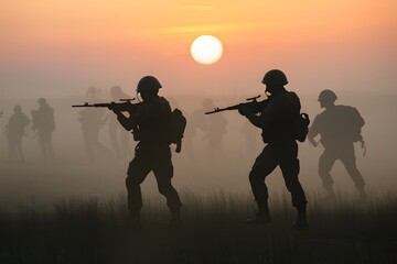 Fototapeta na wymiar shot Soldiers silhouettes amid sunset fog engage with rifles photo
