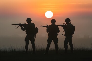 Fototapeta na wymiar shot Soldiers silhouettes amid sunset fog engage with rifles photo