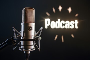 shot Studio podcast microphone on dark background, broadcasting equipment photo
