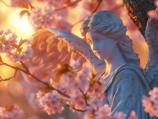 Marble Angel, Wings, Peaceful Guardian, Surrounded by blossoming cherry trees, Serene afternoon, 3D render, Golden hour, Depth of field bokeh effect