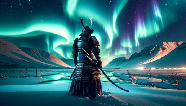 Imagine a samurai character standing in a snowy landscape at night, with the northern lights dancing in the sky above.
