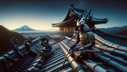 Create an image of a samurai character sitting on the rooftop of an old, traditional Japanese building.
