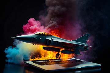 Abstract and creation of tiny fighter jets burning the modern laptop