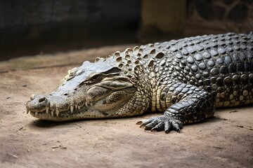 Obraz premium Siamese crocodile sleep on floor in zoo, reptile relaxation