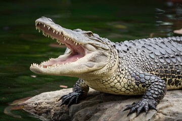 Fototapeta premium Siamese crocodile with open mouth, reptile behavior observation photo
