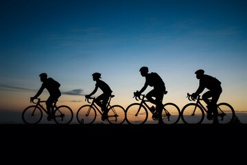 Obraz premium Silhouetted cyclists at dusk, adventure and fitness, twilight ride