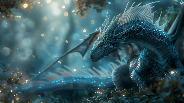 Silver dragon, iridescent scales, majestic creature soaring above a shimmering lake, moonlit night, 3D render, Backlights, Vignette