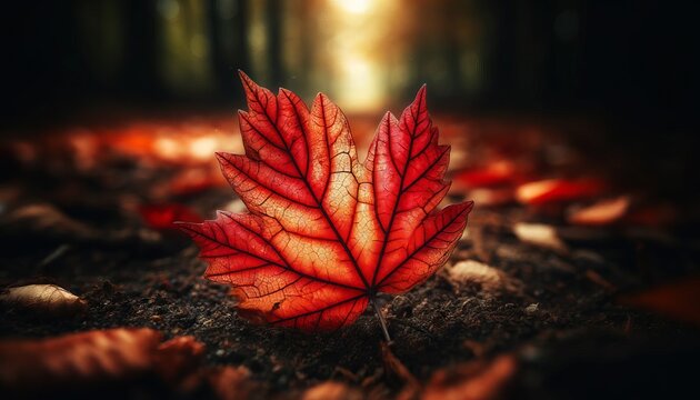 A detailed close-up of a single autumn leaf resting on the soft, dark earth of the forest floor.