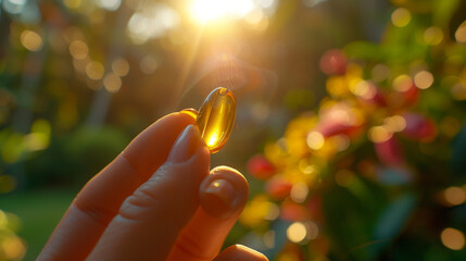 Vitamin capsule, everyday routine, focusing on a hand holding it, sunny day, 3D render, Sunlight, HDR - obrazy, fototapety, plakaty