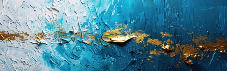 Blue and Gold Abstract Painting Texture with Brushstrokes on Canvas - Closeup Banner Panorama Background