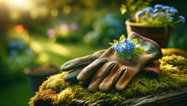 A pair of worn-out gardening gloves resting on a mossy rock, with a forget-me-not flower placed on top.