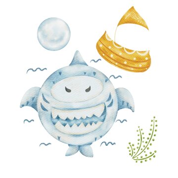 Cartoon cute shark under the sea and boat,hand drawn by watercolor style