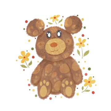 Hand drawn cartoon baby bear with cheerful flowers by watercolor style