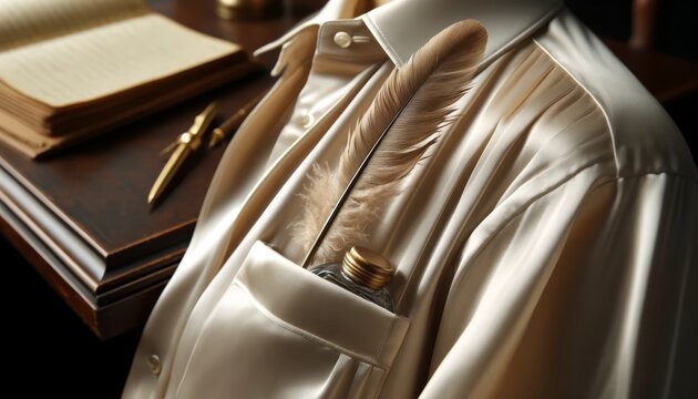 A close-up image of a silk blouse pocket holding an elegant feather quill and an inkwell cap.