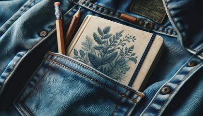 A close-up image of a denim shirt pocket containing a small sketchbook and a pencil with the hint of a botanical drawing peeking out.