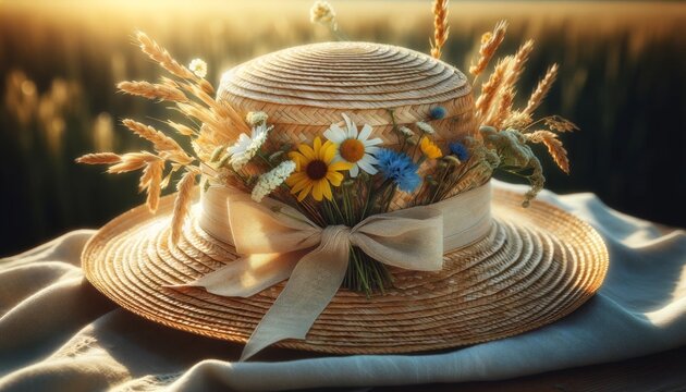 A close-up image of a woven straw hat with wildflowers tucked into the ribbon.