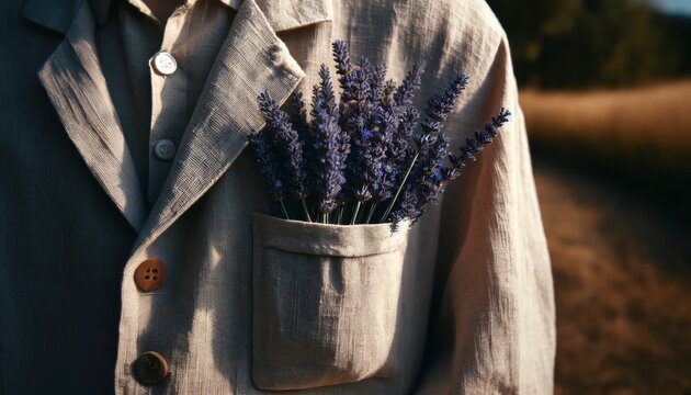 A close-up image of a linen jacket pocket filled with lavender sprigs.