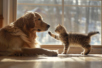 Golden Retriever Puppy and British Shorthair Kitten Enjoy Playtime in Cozy Living Room