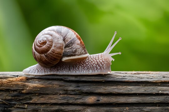Snail crawls on wooden background in garden, nature macro photo