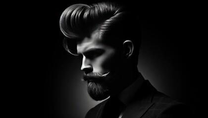 A black and white portrait of a man with a vintage pompadour and a thick beard, set against a dark...