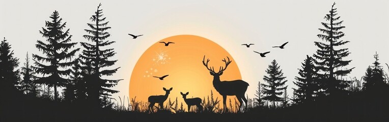 Fototapeta na wymiar Deer Family Silhouette at Sunset/Sunrise - Wildlife Adventure Hunting Landscape Vector Illustration for Logo Design