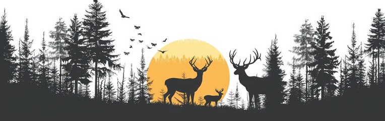 Deer Family Silhouette in Forest at Sunrise - Wildlife Adventure Hunting Landscape Vector Illustration for Logo