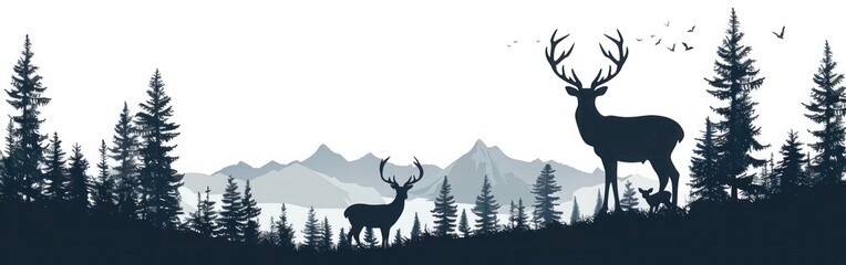 Forest Family: Silhouette of Deer with Fawn and Fir Trees - Vector Illustration for Nature Logo, Hunting, and Camping Adventure