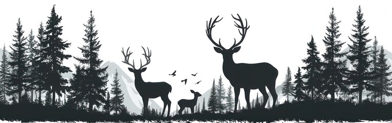 Wildlife Family: Black Deer Silhouette with Forest Firs - Hunting, Camping, Nature Illustration for Logo - Vector
