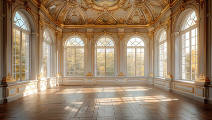 Fototapeta na wymiar Beautiful interior of an ancient baroque palace with large windows and sun rays shining through them. Created with Ai