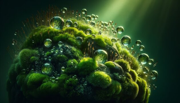 A detailed image of a moss-covered rock with water droplets reflecting the surrounding greenery.