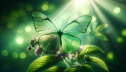 A high-detail image of a green butterfly with translucent wings, perched delicately on a flower.