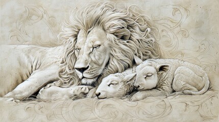 Lion and Lambs Peaceful Coexistence, Artistic Interpretation, Watercolor Biblical Illustration ,copy space , minimalist
