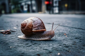 Snail on the pavement, slow movement on concrete, urban wildlife - Powered by Adobe