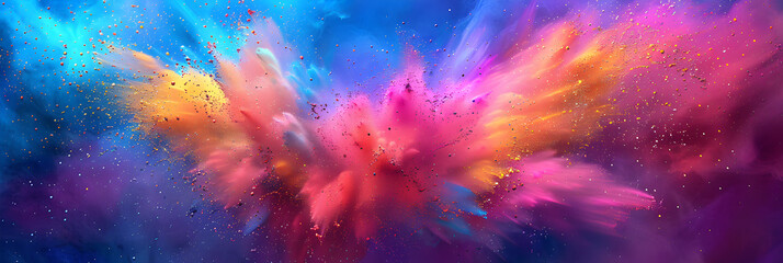 Explosion of colored powder Background Dive into the mesmerizing world of abstract art with a close-up view of a color explosion, featuring swirling patterns of pink, blue, red, green, and yellow hues