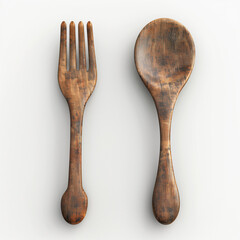 vintage wooden spoon and fork white background