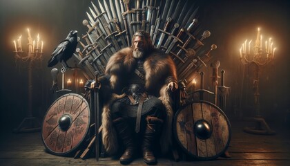 A Viking chieftain seated on a throne made of swords and shields, with a raven perched on the armrest. - obrazy, fototapety, plakaty
