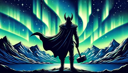 Illustration of Thor’s silhouette outlined against the backdrop of the Northern Lights. - obrazy, fototapety, plakaty