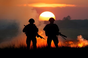 Obraz premium Soldier forces amidst smoke and fire silhouetted against sunset