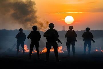 Soldier forces amidst smoke and fire silhouetted against sunset