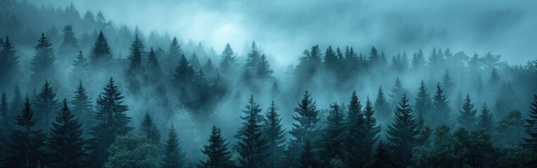 Mystical Schwarzwald: Panoramic View of Rising Fog and Dark Forest Trees in Germany's Enchanting Black Forest - obrazy, fototapety, plakaty